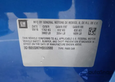 2017 Chevrolet Cruze Lt Auto from USA, damaged, VIN 3G1BE6SM7HS532680